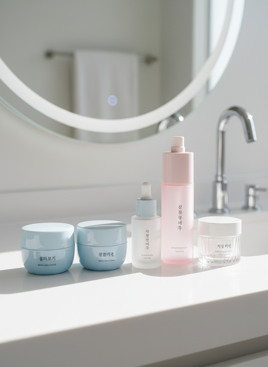 An arrangement of elegant Korean skincare bottles and jars in frosted glass and glossy pastel plastics, labels in clean Hangul typography, carefully aligned on a pristine white bathroom vanity. A round, backlit mirror reflects hints of additional products and a few sleek chrome fixtures, all softly blurred. Morning daylight pours in from an unseen window, diffused and bright, creating gentle reflections on the product caps and a calm, clinical clarity across the scene. Photographed at eye level with a shallow depth of field, the central serum bottle is in crisp focus. The mood is professional, trustworthy, and aspirational, with photographic realism and a clean, modern aesthetic that fits a K-beauty review blog homepage hero image.