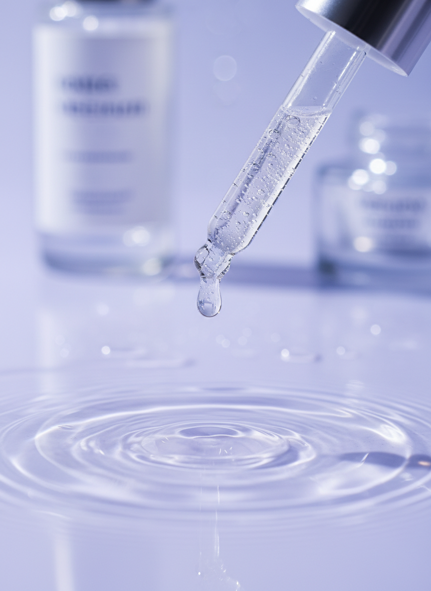 A close-up of a clear glass dropper releasing a single, viscous droplet of translucent Korean serum into a shallow, rippling pool of water on a glossy, pale lavender surface. Tiny air bubbles are visible within the serum, emphasizing its texture and richness. Soft, cool-toned studio lighting from above creates delicate reflections and subtle gradients, with faint bokeh circles in the background suggesting additional skincare bottles out of focus. Shot from a slightly elevated macro perspective, the droplet is frozen mid-air, conveying precision and efficacy. The atmosphere is scientific yet soothing, ideal for illustrating in-depth ingredient breakdowns on a professional K-beauty blog, with crisp photographic realism and a minimalist, modern composition.